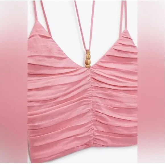 Zara Linen Blend Ruched Crop Top Size L NWT - Picture 2 of 6